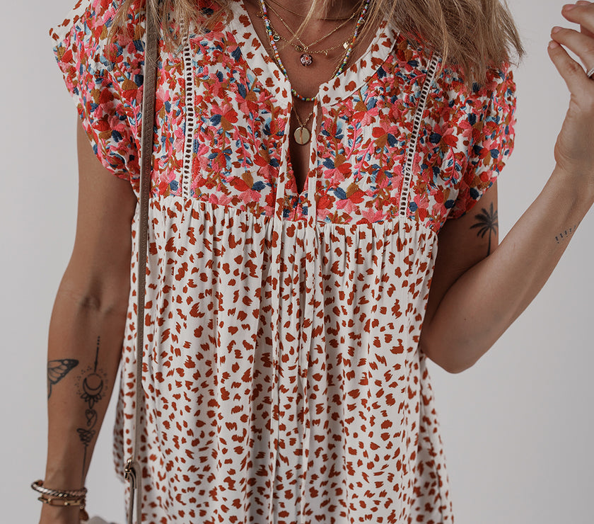 Red Printed Embroidery Detail Tie Split Neck Blouse