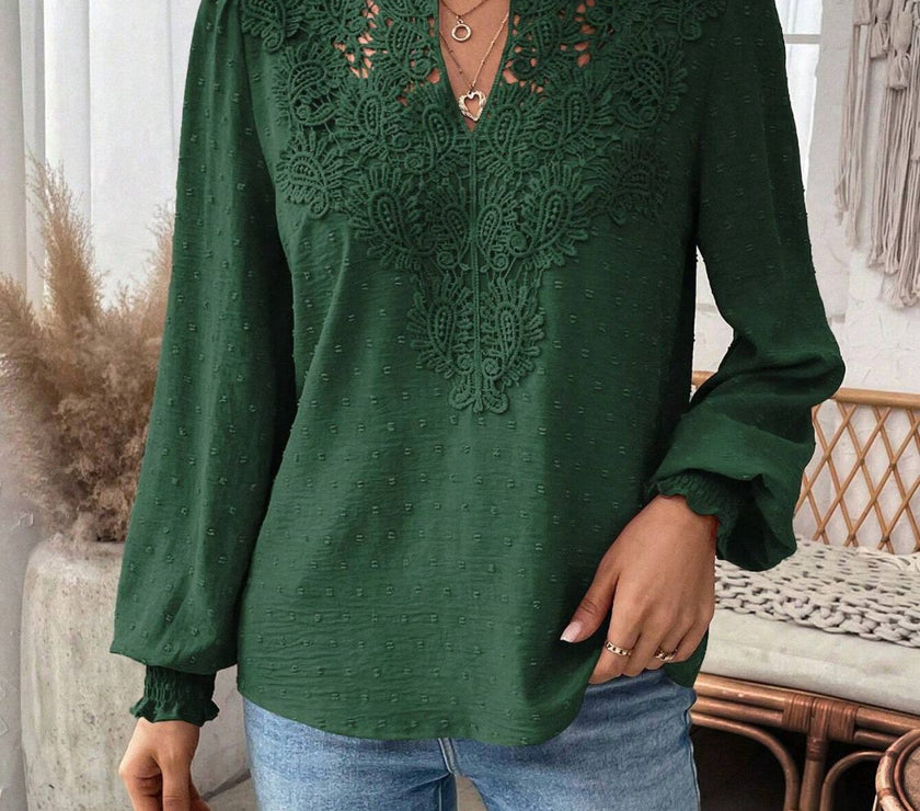 Swiss Dot Lace Detail Notched Long Sleeve Blouse