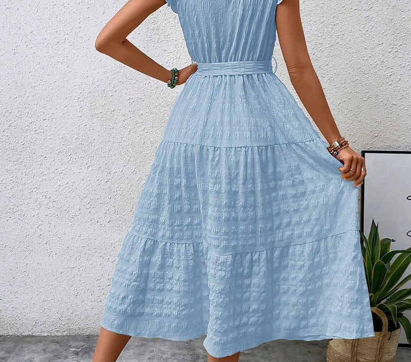 Tied Ruffled Cap Sleeve Midi Dress