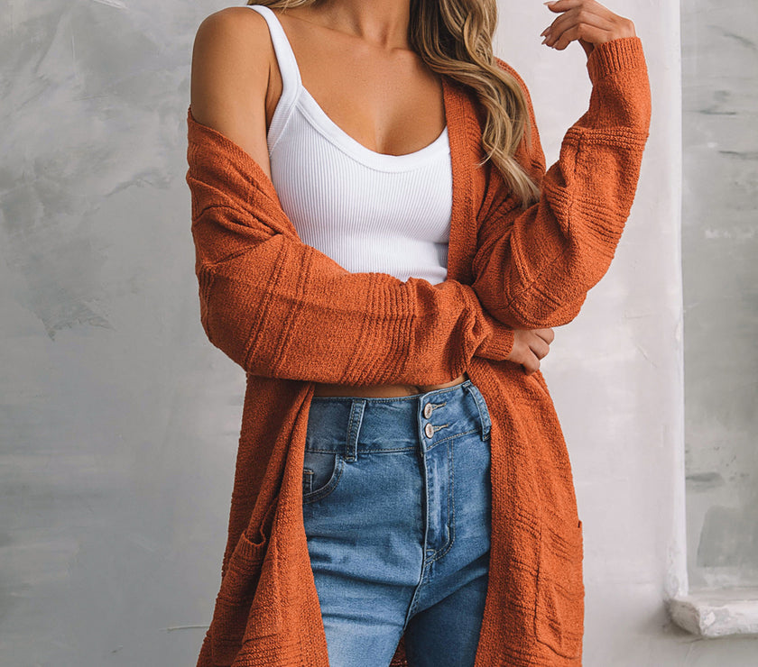 Open Front Textured Cardigan with Pockets