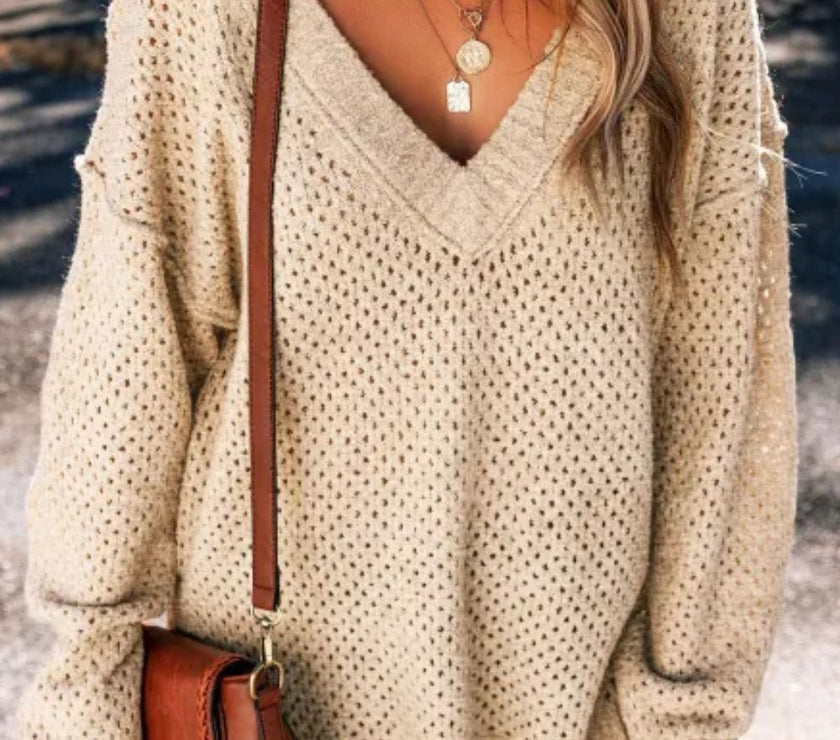 V-Neck Dropped Shoulder Long Sleeve Sweater