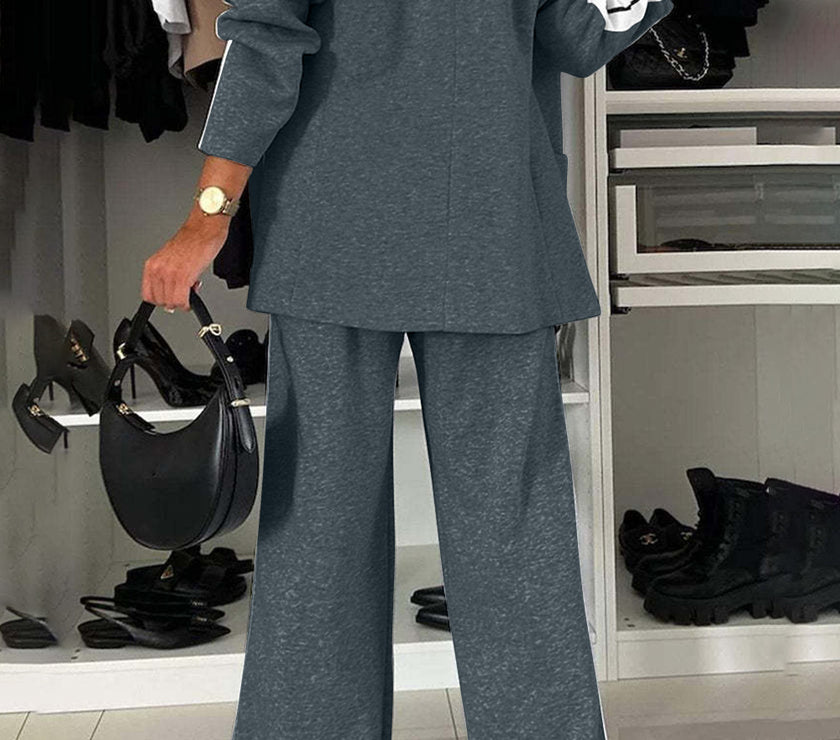 Full Size Contrast Lapel Collar Top and Pants Set