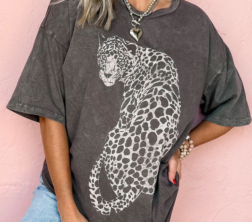 Cheetah Mineral Wash Round Neck Half Sleeve T-Shirt
