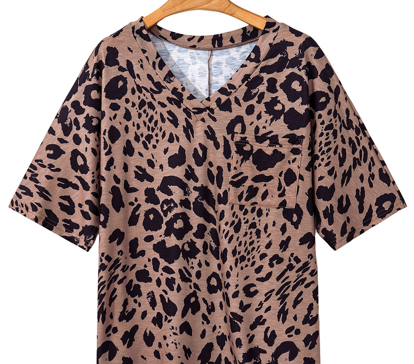 Brown Leopard Print V Neck Half Sleeve Oversized Tee