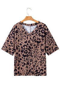 Brown Leopard Print V Neck Half Sleeve Oversized Tee