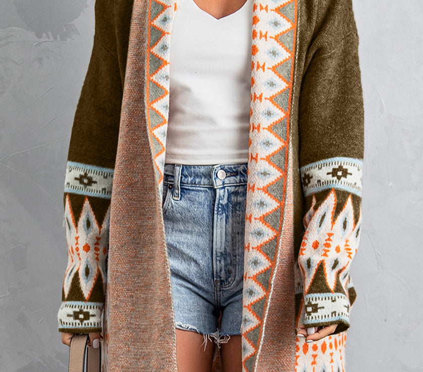 Brown Aztec Print Open Front Knitted Cardigan
