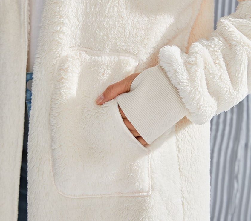 Double Take Full Size Hooded Teddy Bear Jacket with Thumbholes