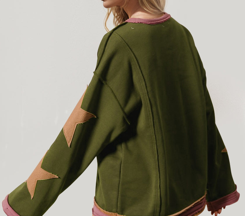Double Take Star Patched Long Sleeve Sweatshirt