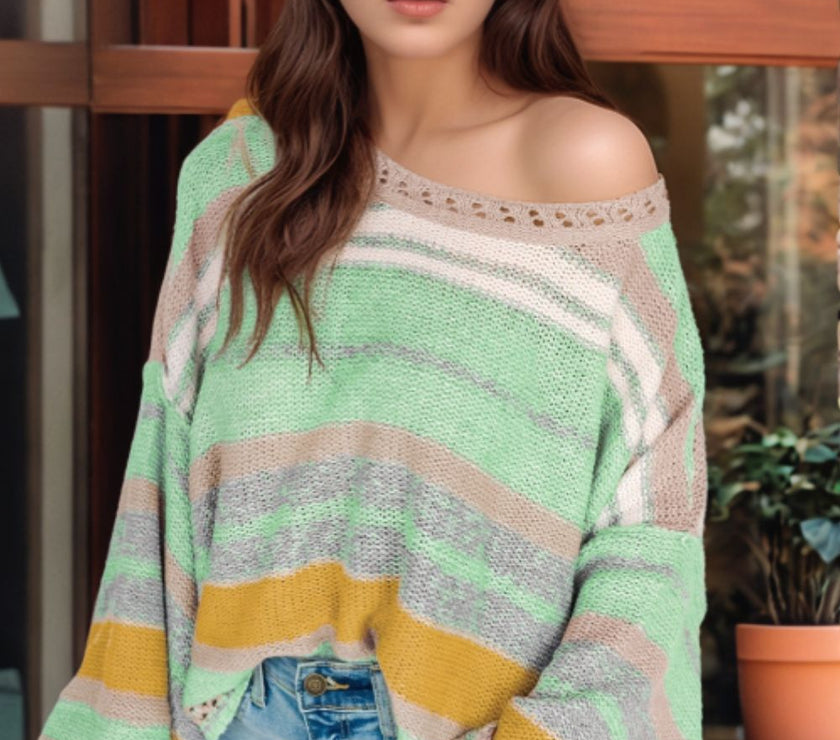 Contrast Striped Boat Neck Dropped Shoulder Sweater