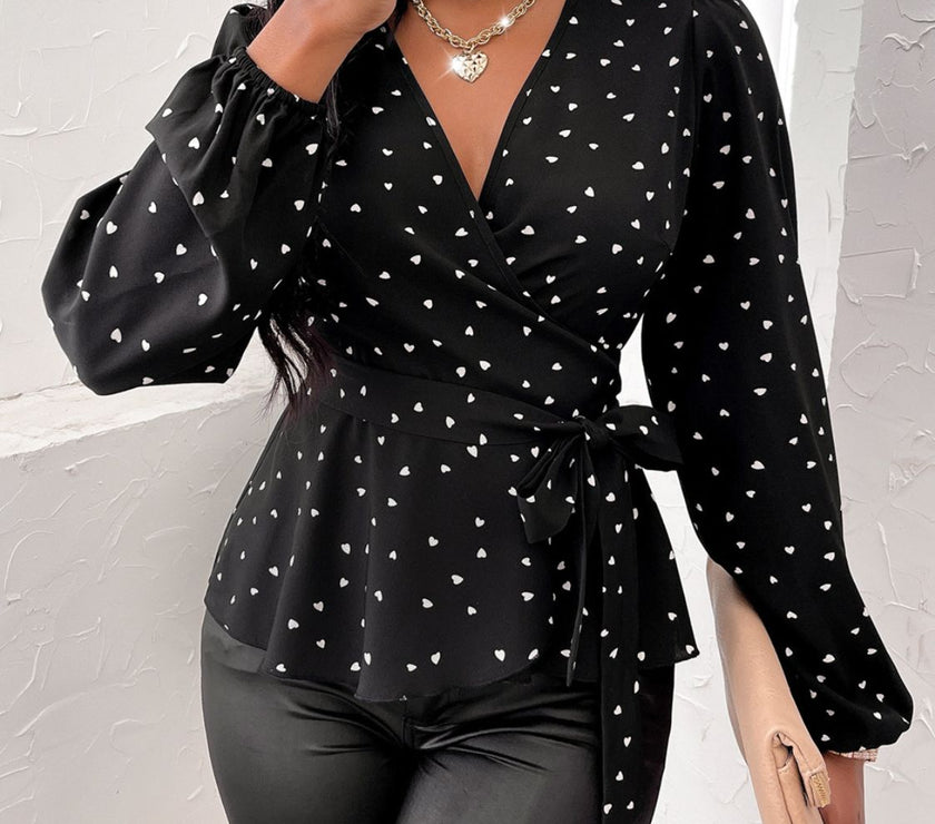 Heart Print Surplice Balloon Sleeve Blouse