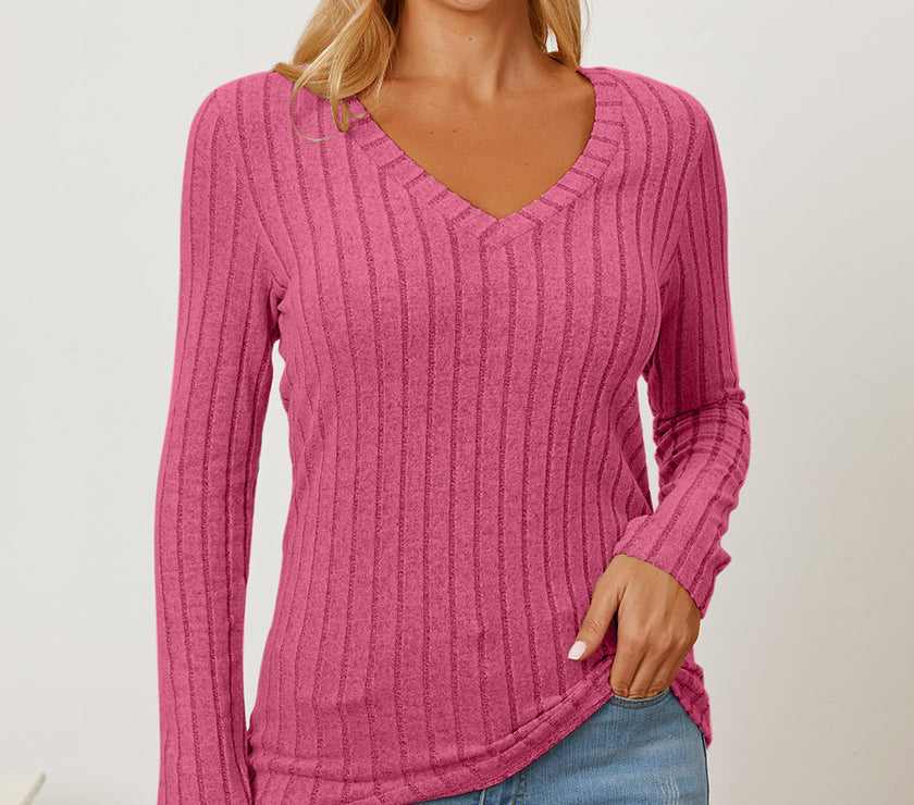 Basic Bae Full Size Ribbed V-Neck Long Sleeve T-Shirt