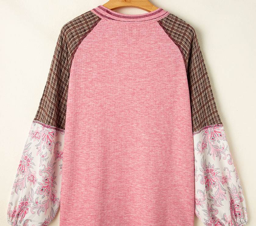 Plaid Floral Patchwork Round Neck Long Sleeve Top