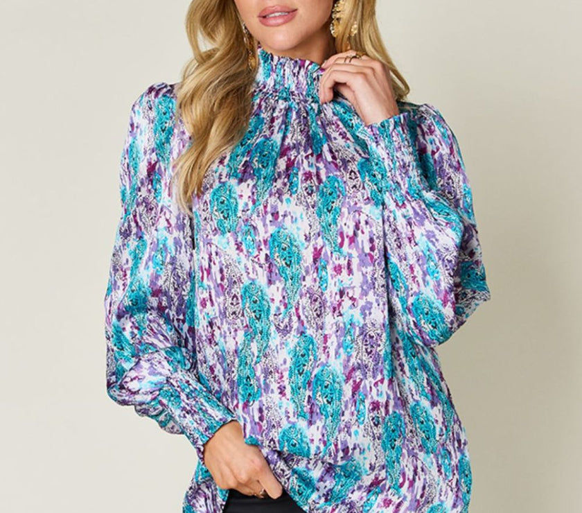 Double Take Full Size Printed Smocked Long Sleeve Blouse