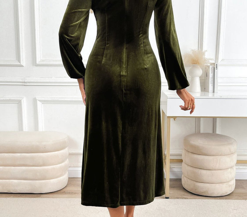 Perfee Slit V-Neck Long Sleeve Midi Dress