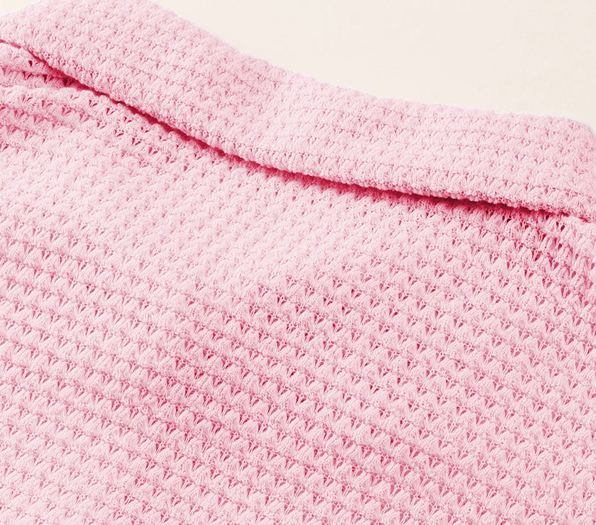 Waffle-Knit Collared Neck Long Sleeve Shirt