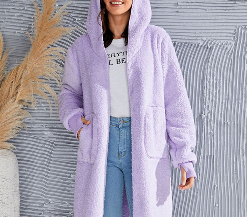 Double Take Full Size Hooded Teddy Bear Jacket with Thumbholes