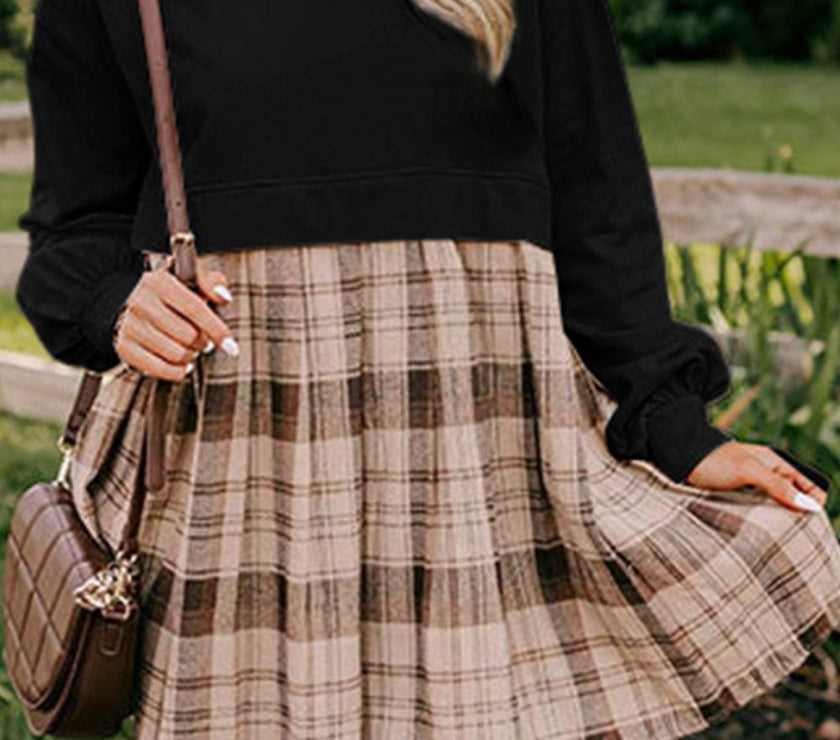 Plaid Round Neck Long Sleeve Mini Dress