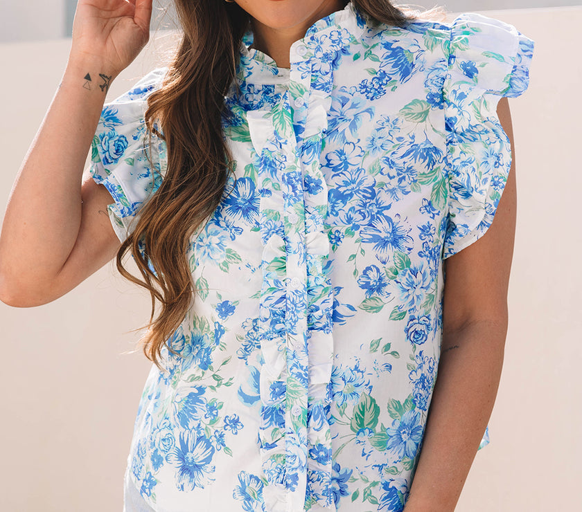 Sky Blue Floral Print Ruffle Sleeve Frilly Button Up Shirt