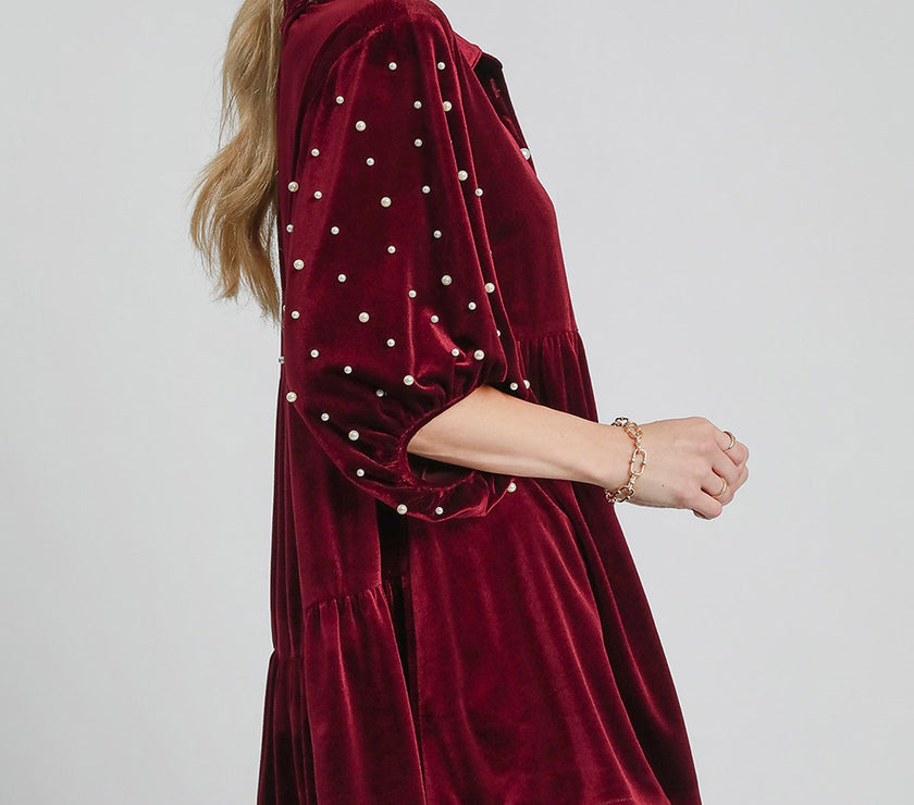 Umgee Pearl Detail Collared Neck Velvet Babydoll Blouse