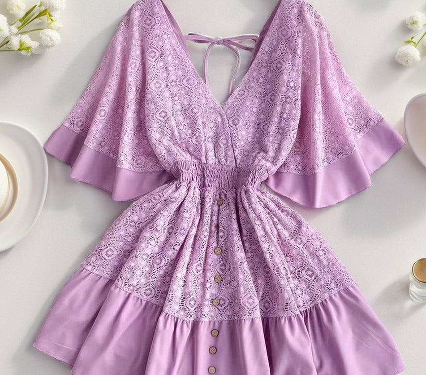 Ruffle Hem Tie Back Lace Mini Dress