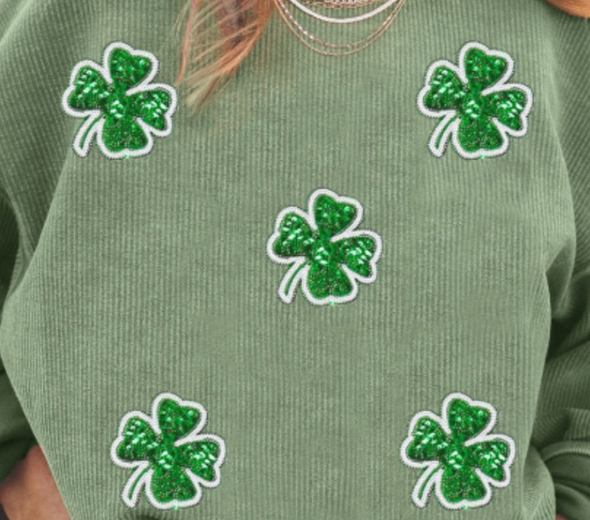 Sequin Lucky Clover Round Neck Long Sleeve Sweatshirt