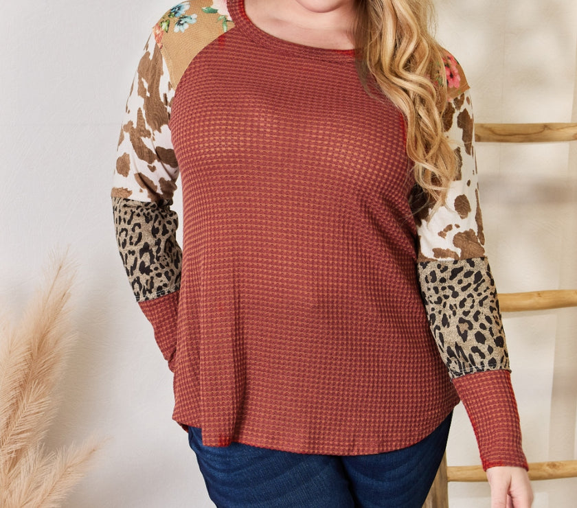 Hailey & Co Full Size Leopard Waffle-Knit Blouse