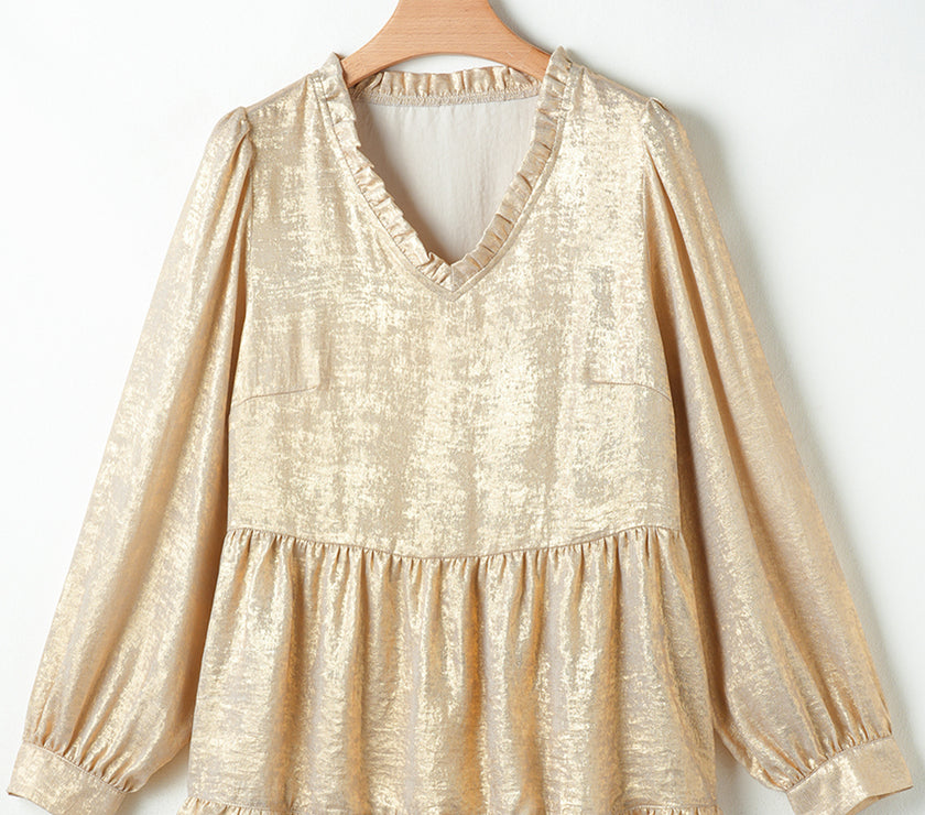 Gold Metallic Frilled V Neck Puff Sleeve Babydoll Blouse