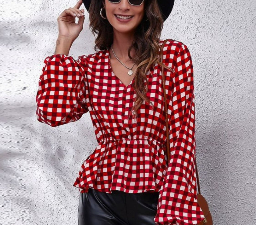 Ruched Printed V-Neck Long Sleeve Blouse