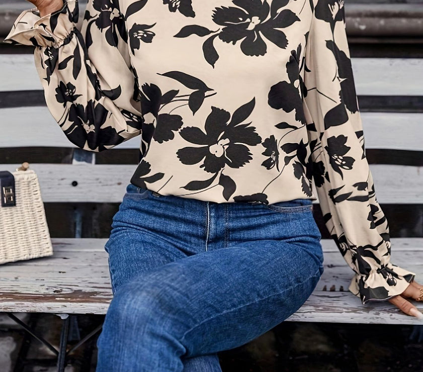 Bow Back Printed Round Neck Flounce Sleeve Blouse