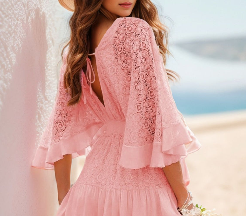 Ruffle Hem Tie Back Lace Mini Dress