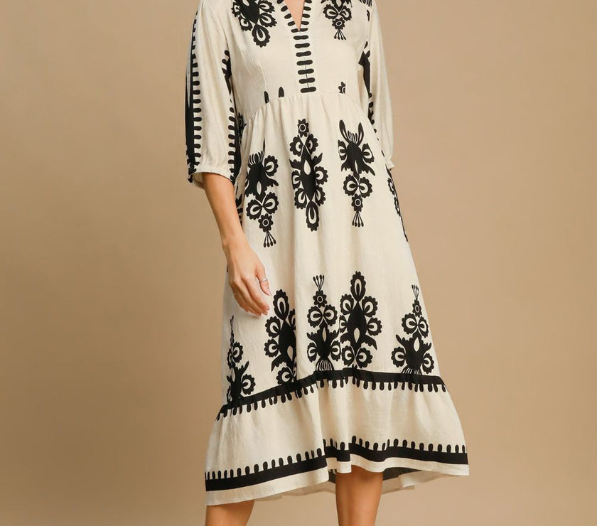 Umgee Printed Notched Midi Dress