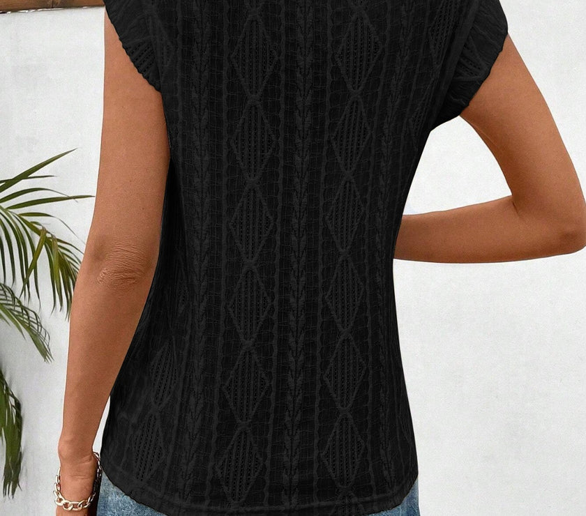 Openwork Round Neck Cap Sleeve Top
