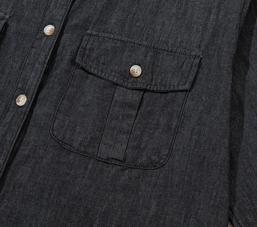 Pocketed Collared Neck Long Sleeve Denim Top