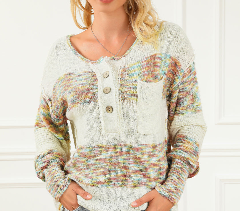 Contrast Half Button Long Sleeve Sweater