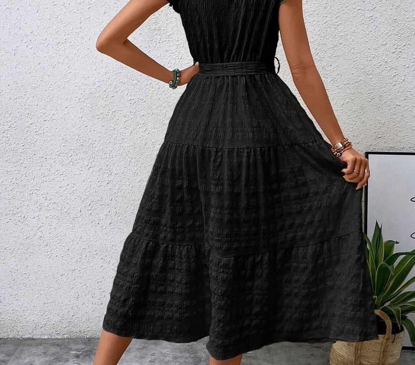 Tied Ruffled Cap Sleeve Midi Dress
