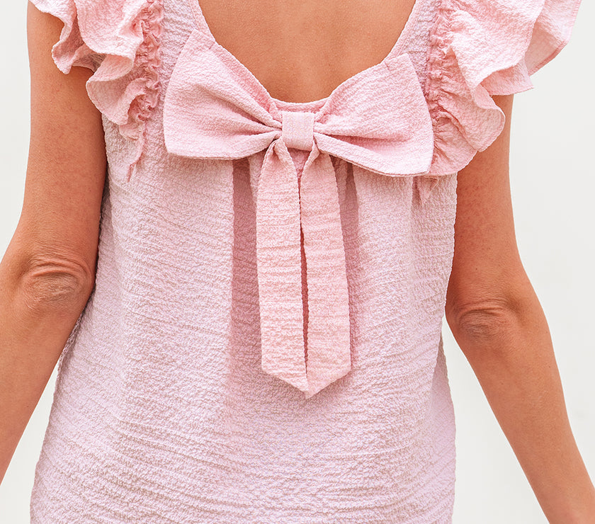 Gossamer Pink Textured Bow Knot Frilled Butterfly Sleeve Blouse