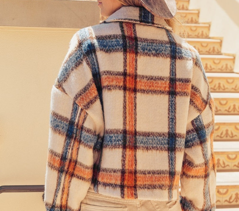 BiBi Brushed Plaid Crop Jacket with Pockets