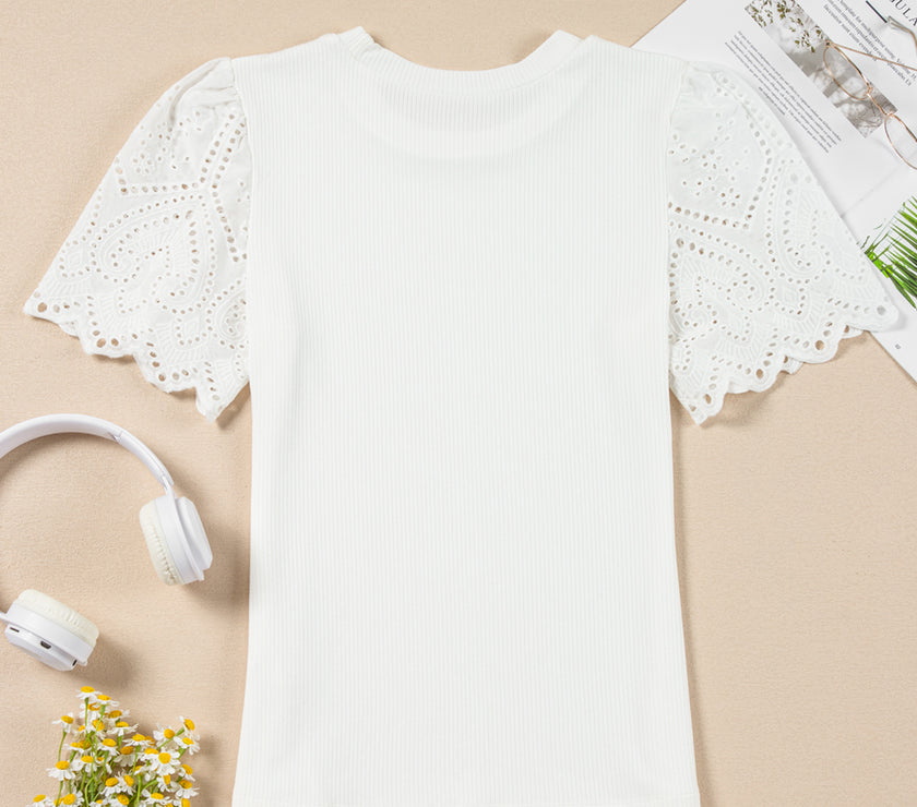 White Eyelet Pattern Short Sleeve Patchwork Ribbed Top