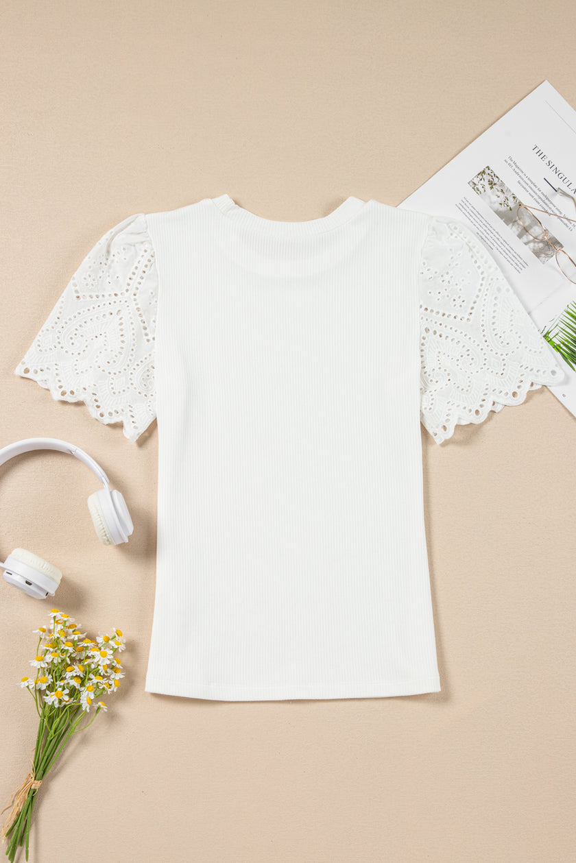 White Eyelet Pattern Short Sleeve Patchwork Ribbed Top