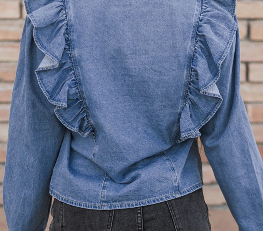 Ruffled Collared Neck Long Sleeve Denim Top