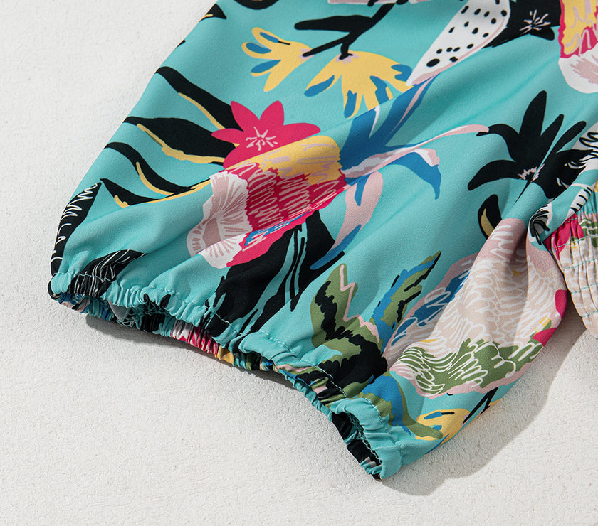 Green Plus Size Floral Smocked Bodice Single Puff Short Sleeve Babydoll Blouse