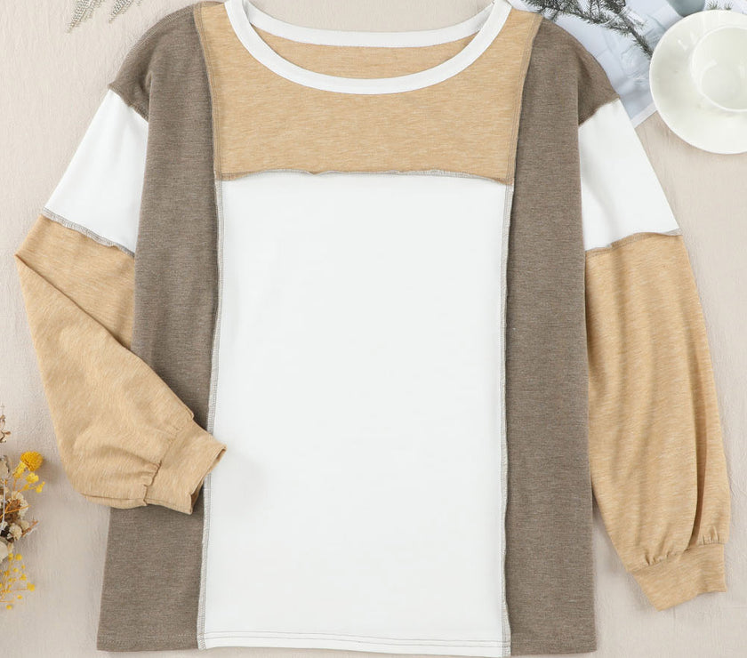 Exposed Seam Contrast Round Neck Long Sleeve Top