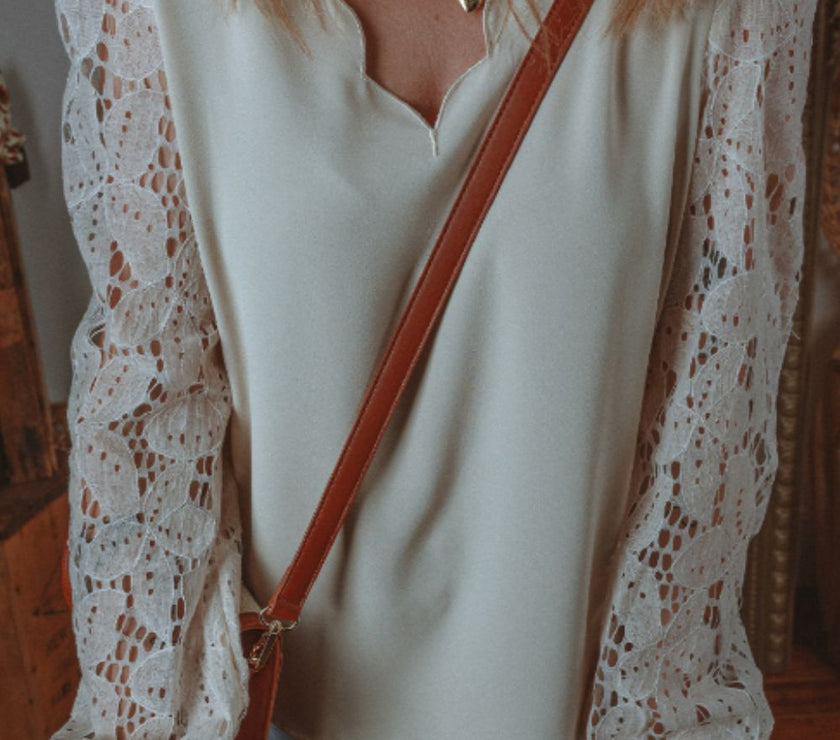 V Neck Lace Balloon Sleeve Blouse