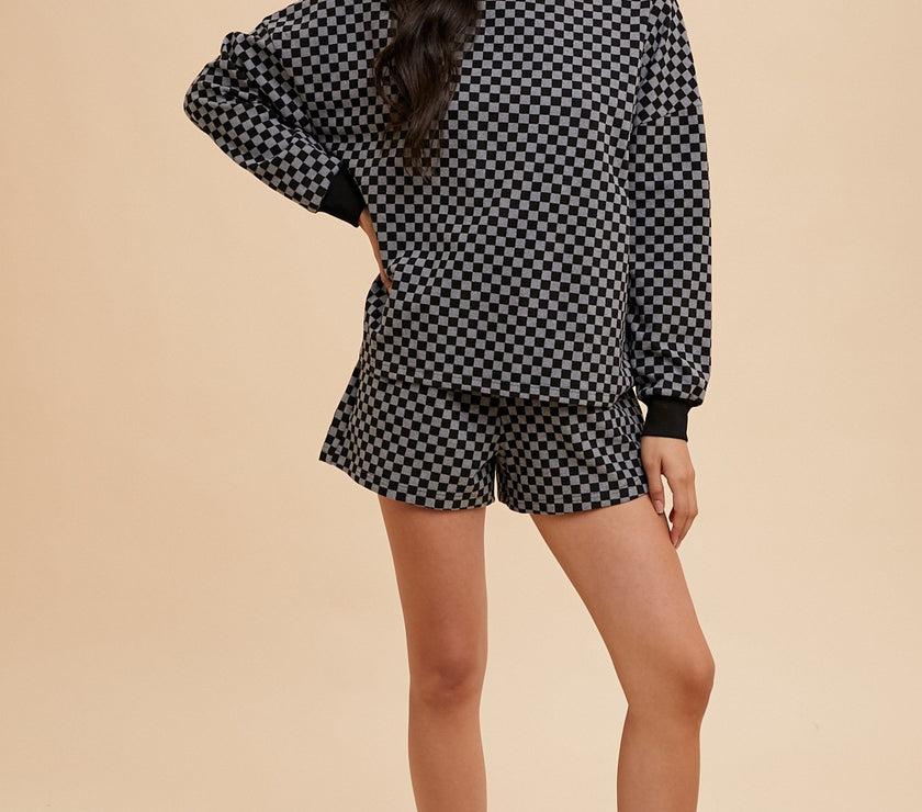 Annie Wear Checkered Round Neck Top and Drawstring Shorts Set