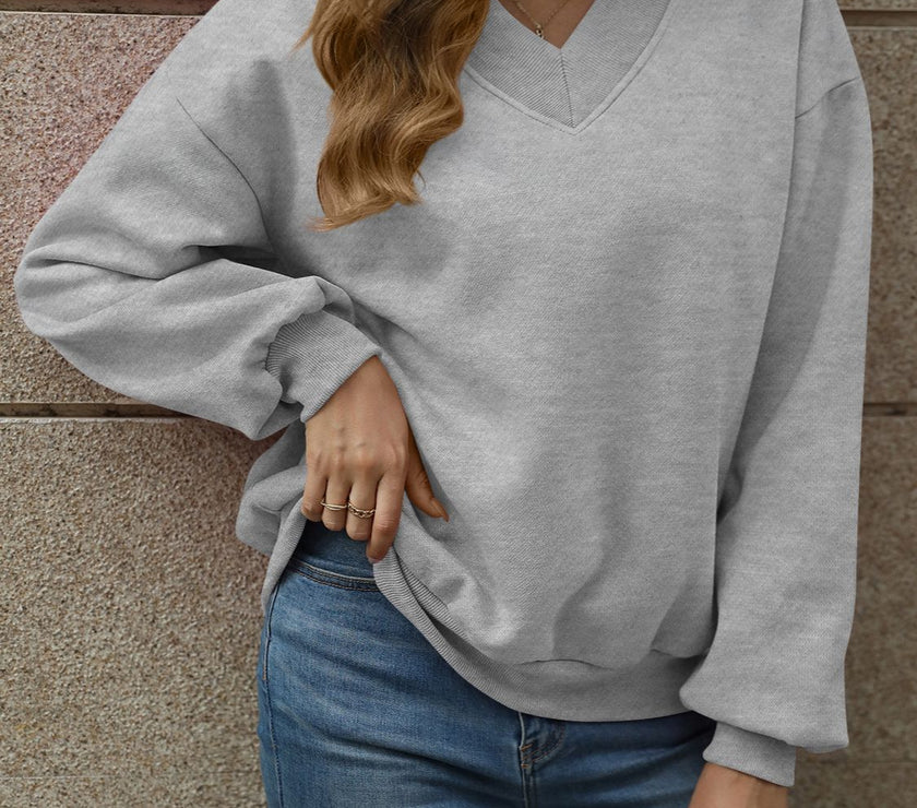 V-Neck Long Sleeve Dropped Shoulder Sweatshirt