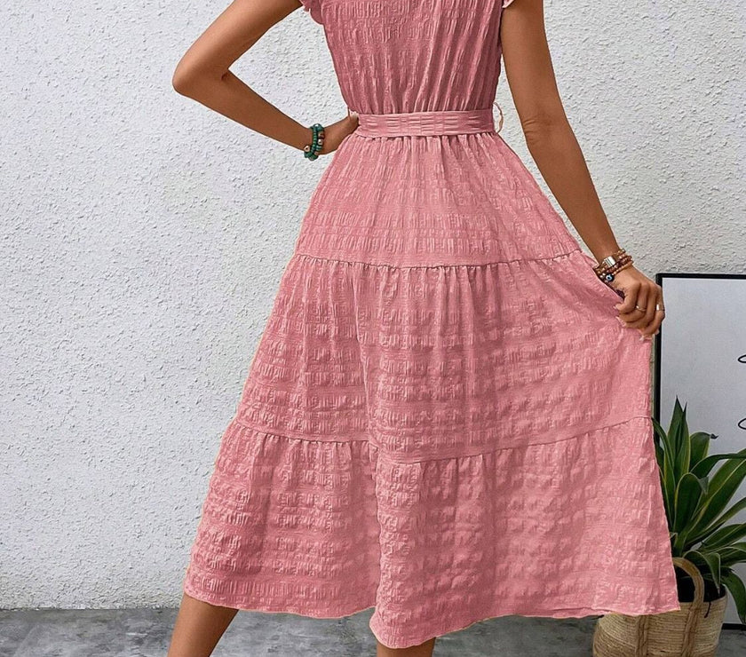 Tied Ruffled Cap Sleeve Midi Dress