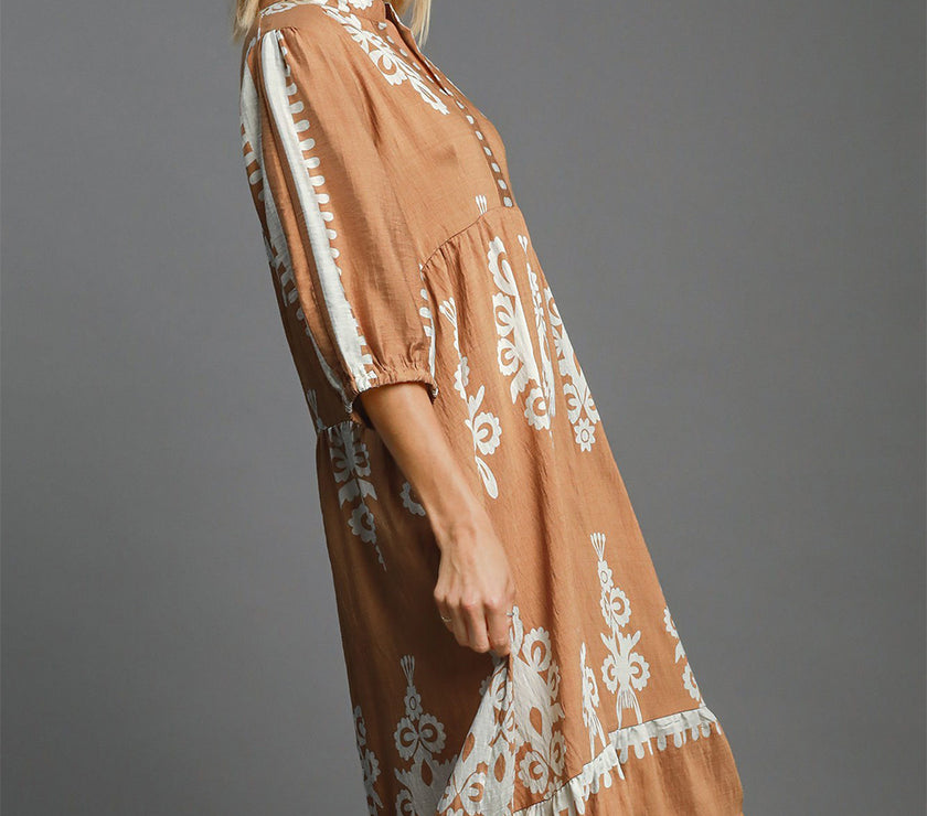 Umgee Full Size Printed Notched Midi Dress