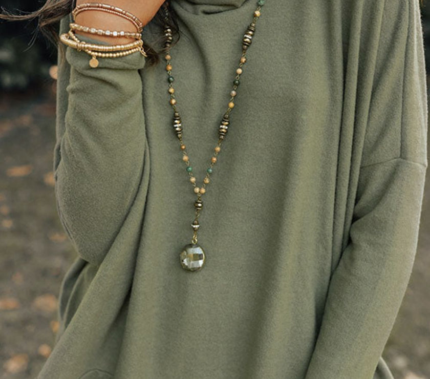 Side Slit High-Low Cowl Neck Long Sleeve Blouse