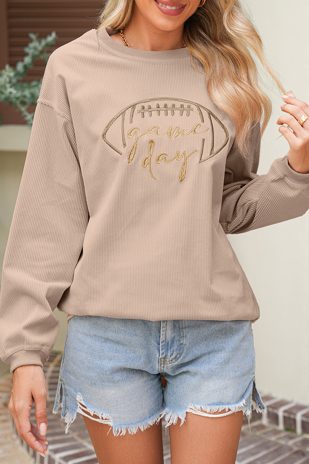 Apricot Football Graphic Drop Shoulder Game Day Corded Sweatshirt