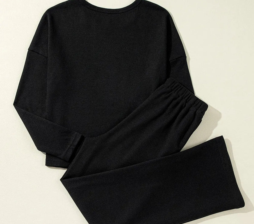 Round Neck Long Sleeve Top and Drawstring Pants Lounge Set